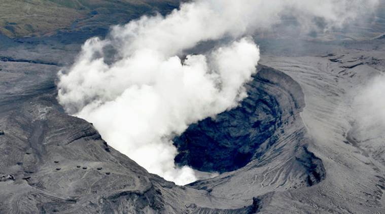 An aerial view shows the eruption of Mount Aso in Aso