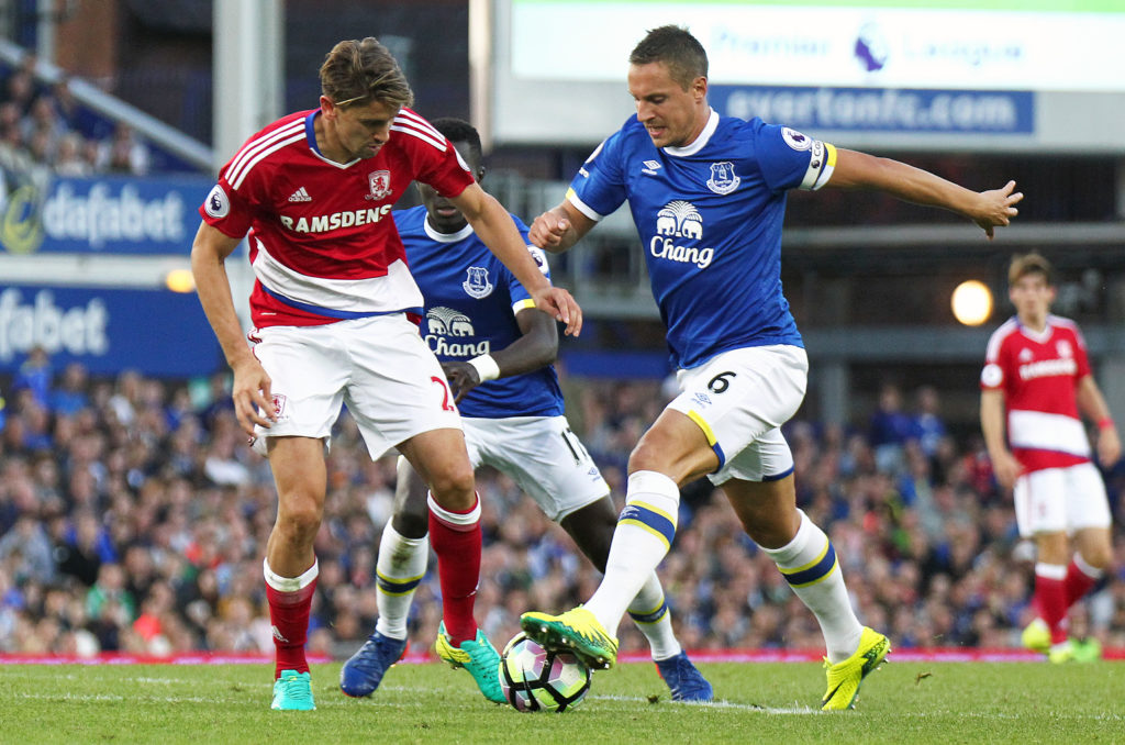 LIVERPOOL, ENGLAND - SEPTEMBER 17:  Middlesbrough's Gaston Ramirez vies for possession with Everton's Phil Jagielka during the Premier League match between Everton and Middlesbrough at Goodison Park on September 17, 2016 in Liverpool, England. (Photo by Rich Linley/CameraSport via Getty Images)