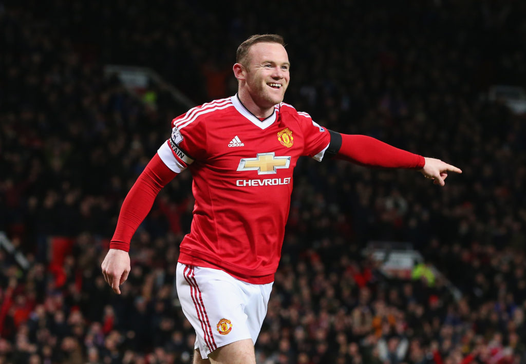 MANCHESTER, ENGLAND - FEBRUARY 02:  Wayne Rooney of Manchester United celebrates scoring his team's third goal during the Barclays Premier League match between Manchester United and Stoke City at Old Trafford on February 2, 2016 in Manchester, England.  (Photo by Alex Livesey/Getty Images)