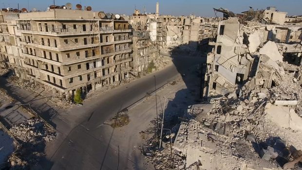 A still image taken on September 27, 2016 from a drone footage obtained by Reuters shows damaged buildings in a rebel-held area of Aleppo