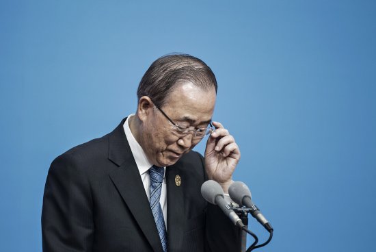 Ban Ki-Moon, secretary general of the United Nations, adjusts his glasses during a news conference on the sidelines of the Group of 20 (G-20) summit in Hangzhou, China, on Sunday, Sept. 4, 2016. The heads of three world economic bodies warned of the risk to trade from the protectionist headwinds sweeping many developed nations as global leaders met in Hangzhou, China. Photographer: Qilai Shen/Bloomberg via Getty Images
