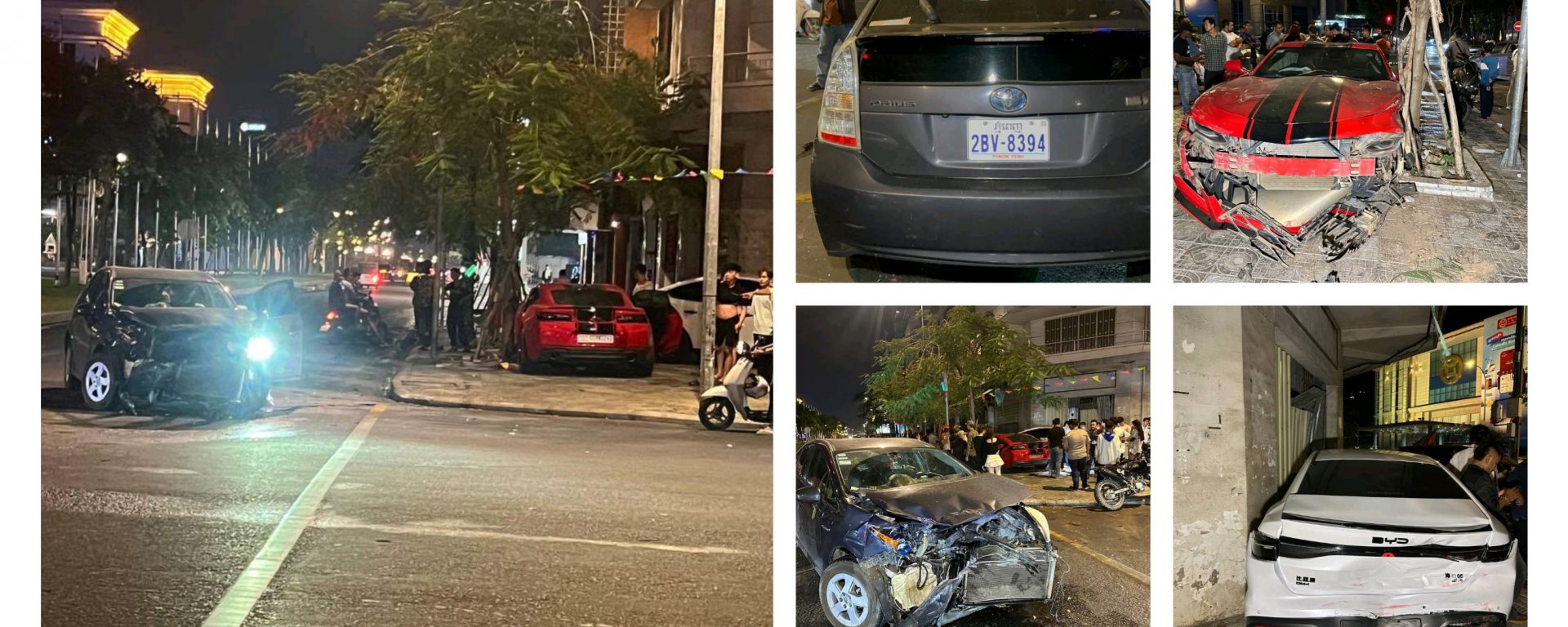 រថយន្តម៉ាកPRIUS បើកបំពានស្តុបទៅបុករថយន្ត CAMARO ប៉ើងទៅបុករថយន្ត BYD ចតចោលនៅមុខផ្ទះរងការខូចខាតធ្ងន់ធ្ងរ
