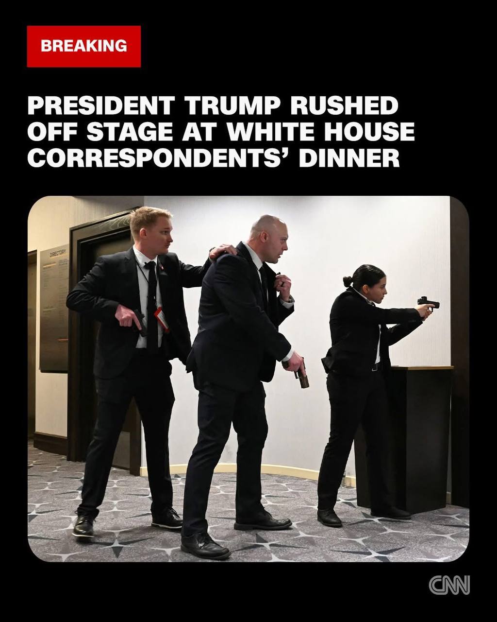 Update ៖ លោក Trump និងគណៈរដ្ឋមន្ត្រីរបស់លោកមានសុវត្ថិភាពបន្ទាប់ពីការបាញ់ប្រហារនៅក្នុងពិធីជប់លៀងអ្នកយកព័ត៌មាននៅសេតវិមាន