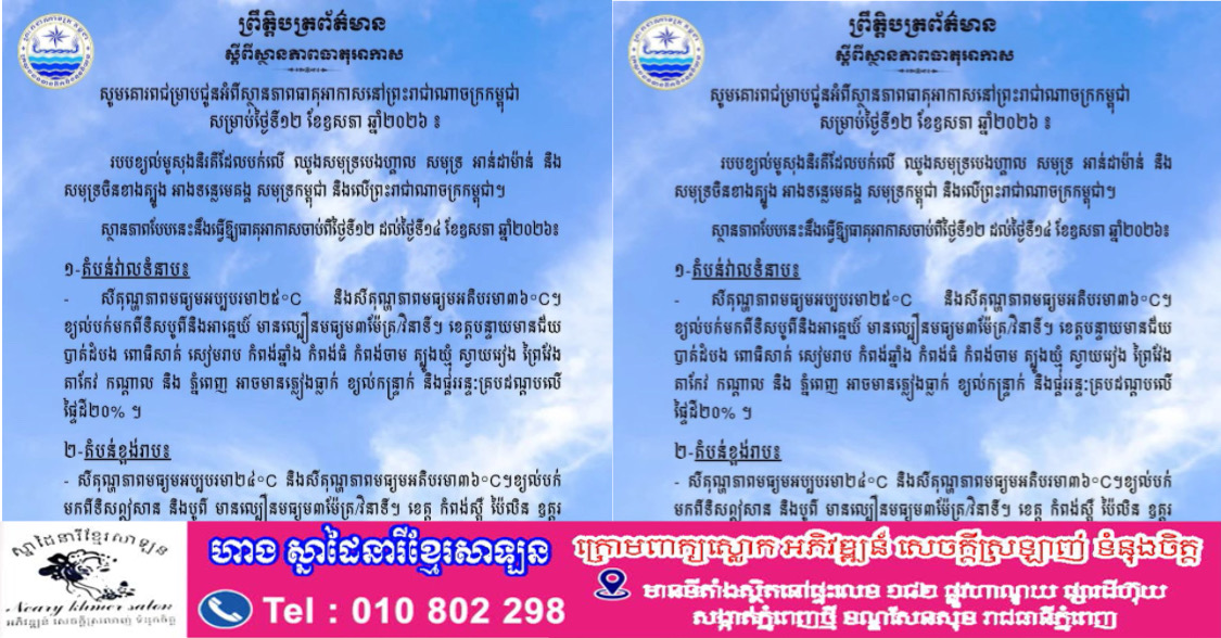 ថ្ងៃនេះ ! តាមបណ្តាខេត្ត និង ភ្នំពេញ អាចមានភ្លៀងធ្លាក់ ខ្យល់កន្ត្រាក់ និងផ្គររន្ទះគ្របដណ្តបលើ ផ្ទៃដី២០%