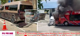 រថយន្តក្រុង Big Bus AngKor បានឆ្លងអគ្គិសនីឆេះ ទៅបុកប៉ះរថយន្តទំនេីបនិងរុឺម៉ក២គ្រឿង បង្កឲ្យមនុស្សរបួស៣នាក់
